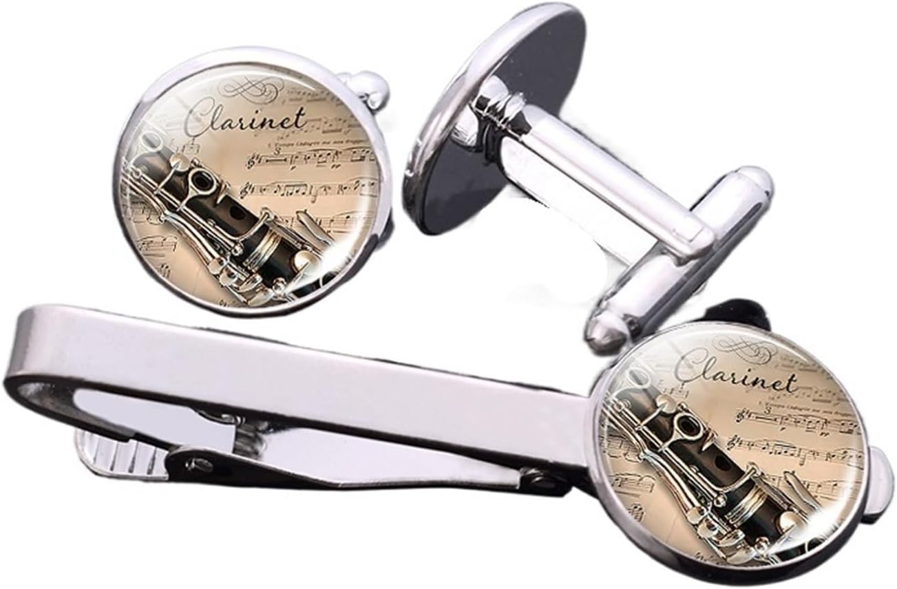 Musical Instrument Glass - 4セット、メンズ楽器ジュエリー、クラリネット・フルート柄ガラスカボションカフリンクスとネクタイピンセット（男性用）
