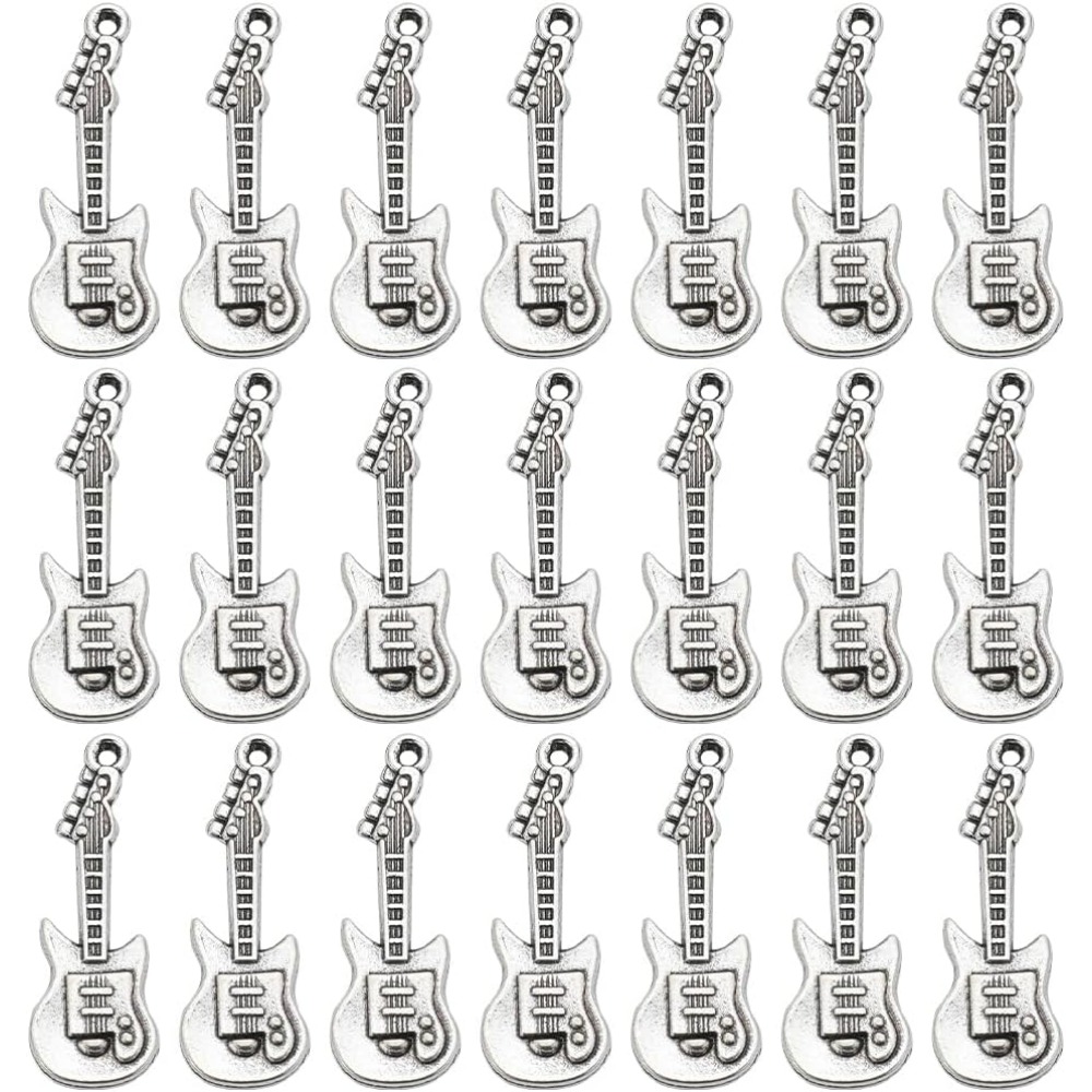 Musical Instrument Guitar - 楽器用ヴィンテージギターチャーム,小さなアンティークシルバー,楽器,チャーム作成キット,バルク,1ボックス,50個