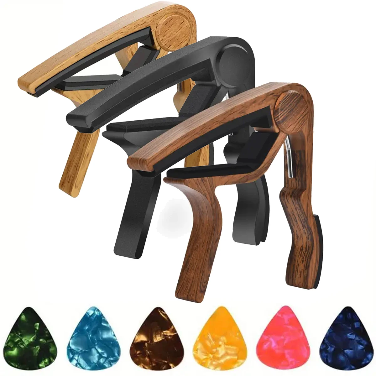 Musical Instrument Types - 高品質亜鉛合金ギターカポ、セルロイドピック5枚付き（ランダムカラー） - アコースティック、エレクトリック、クラシック、ウクレレに適合