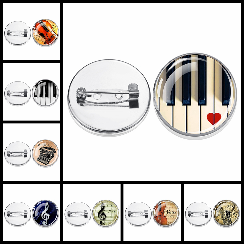 Musical Instrument Glass - 1個入り楽器ピアノギタークラリネットフルート音楽ノートカボションシルバーブローチミュージシャンギフトガラスピンジュエリー