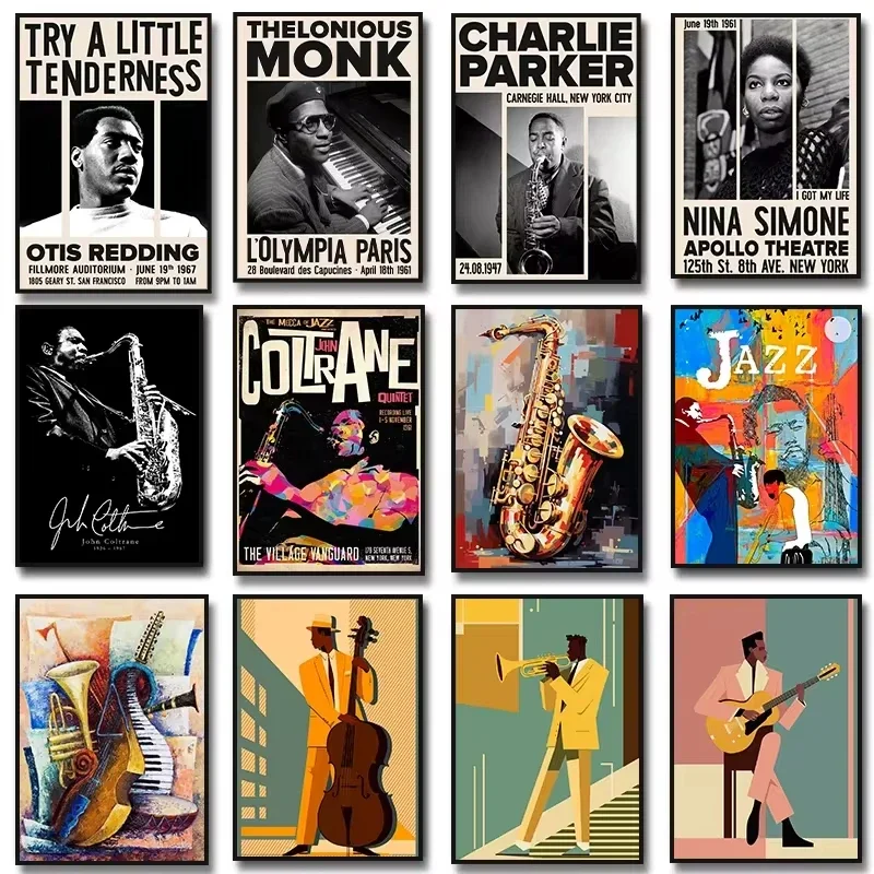 Musical Instrument Jazz - ジャズ音楽サックスギターチェロジョンコルトレーンニーナシモンアートポスターキャンバス絵画壁プリント画像ルームホームデコ