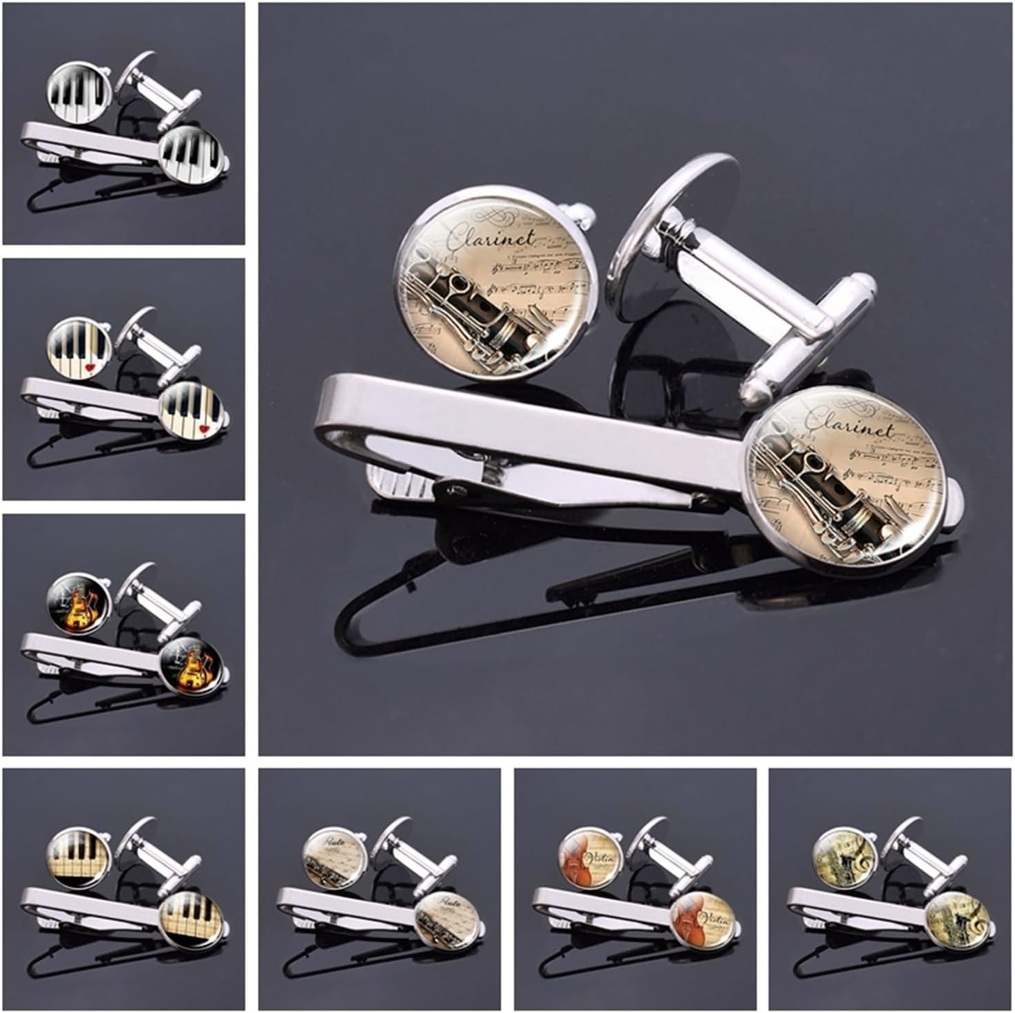 4セット、メンズ楽器ジュエリー、クラリネット・フルート柄ガラ - Musical Instrument Glass のレビューと価格