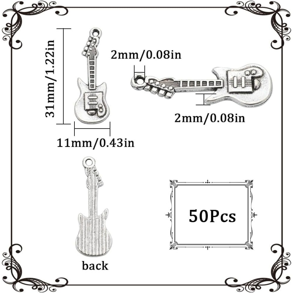 楽器用ヴィンテージギターチャーム,小さなアンティークシルバー - Musical Instrument Guitar のレビューと価格